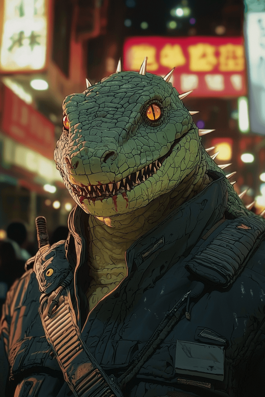 A roughly dressed lizardman in a busy cyberpunk city, portrait.