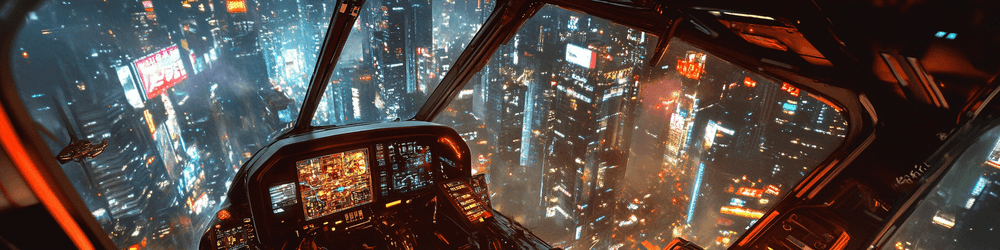 View from inside a helicopter cabin of a busy cyberpunk city at night.