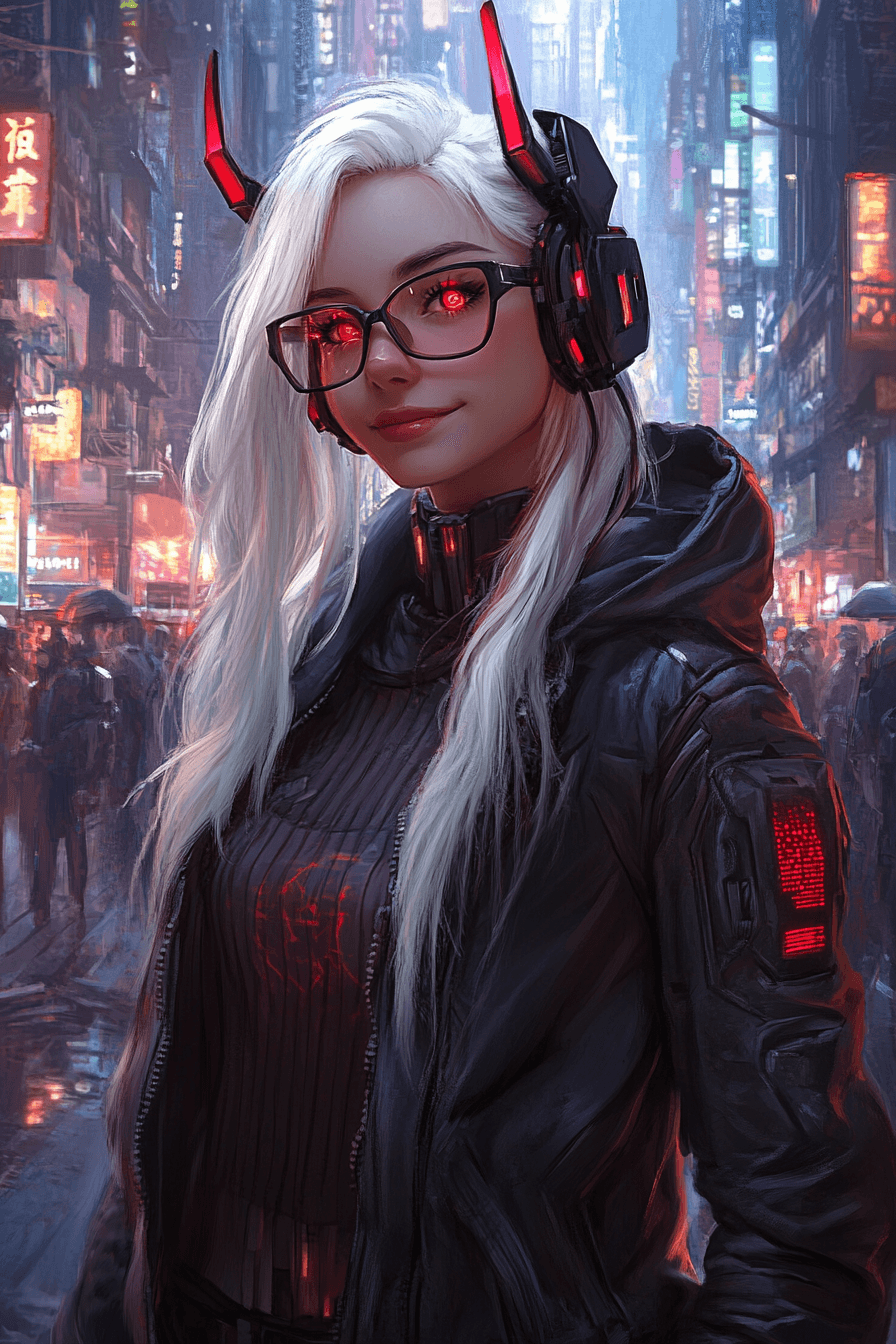 An augmented decker with cybernetic eyes and horns, wearing casual clothing in a cyberpunk city